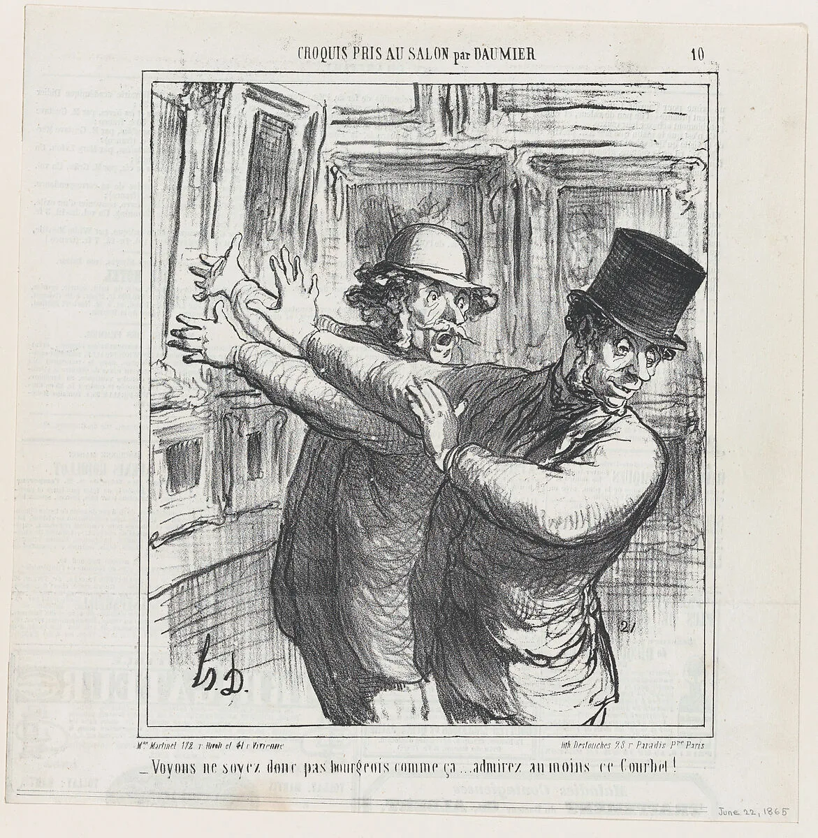 Come on... don't be such a bourgeois.... at least have a look at this Courbet!, from 'Sketches from the Salon,' published in Le Charivari, June 22, 1865 — Honoré Daumier|Destouches|Aaron Martinet