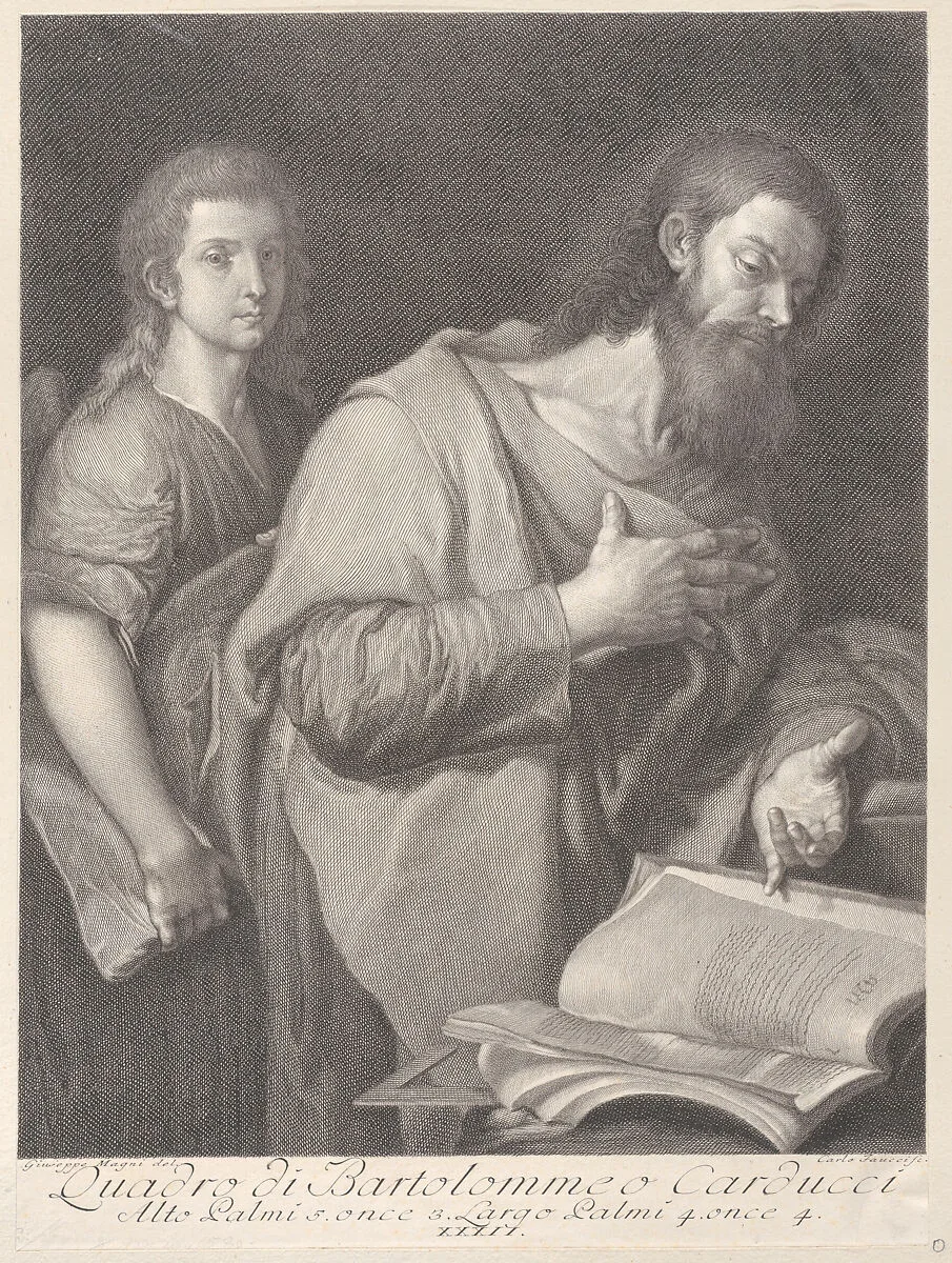 Saint Matthew, standing before a book at right with a hand on his chest, another man behind him at left — Giuseppe Magni|Carlo Faucci|Bartolomé Carducho