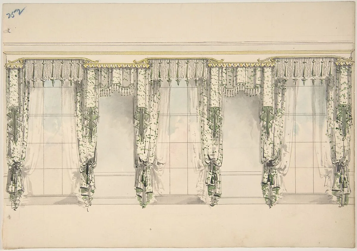 Design for Green and White Curtains with Green Fringes, and White and Gold Pediments — Anonymous, British, 19th century
