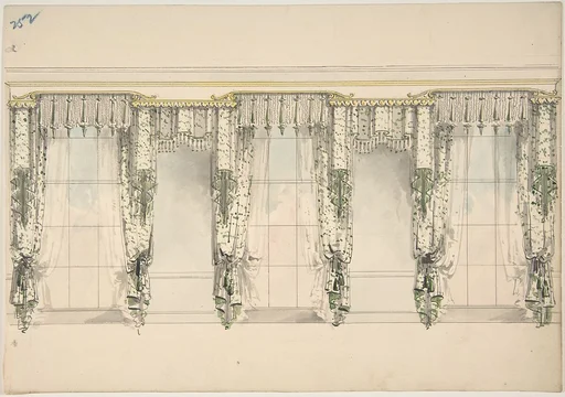 Design for Green and White Curtains with Green Fringes, and White and Gold Pediments
