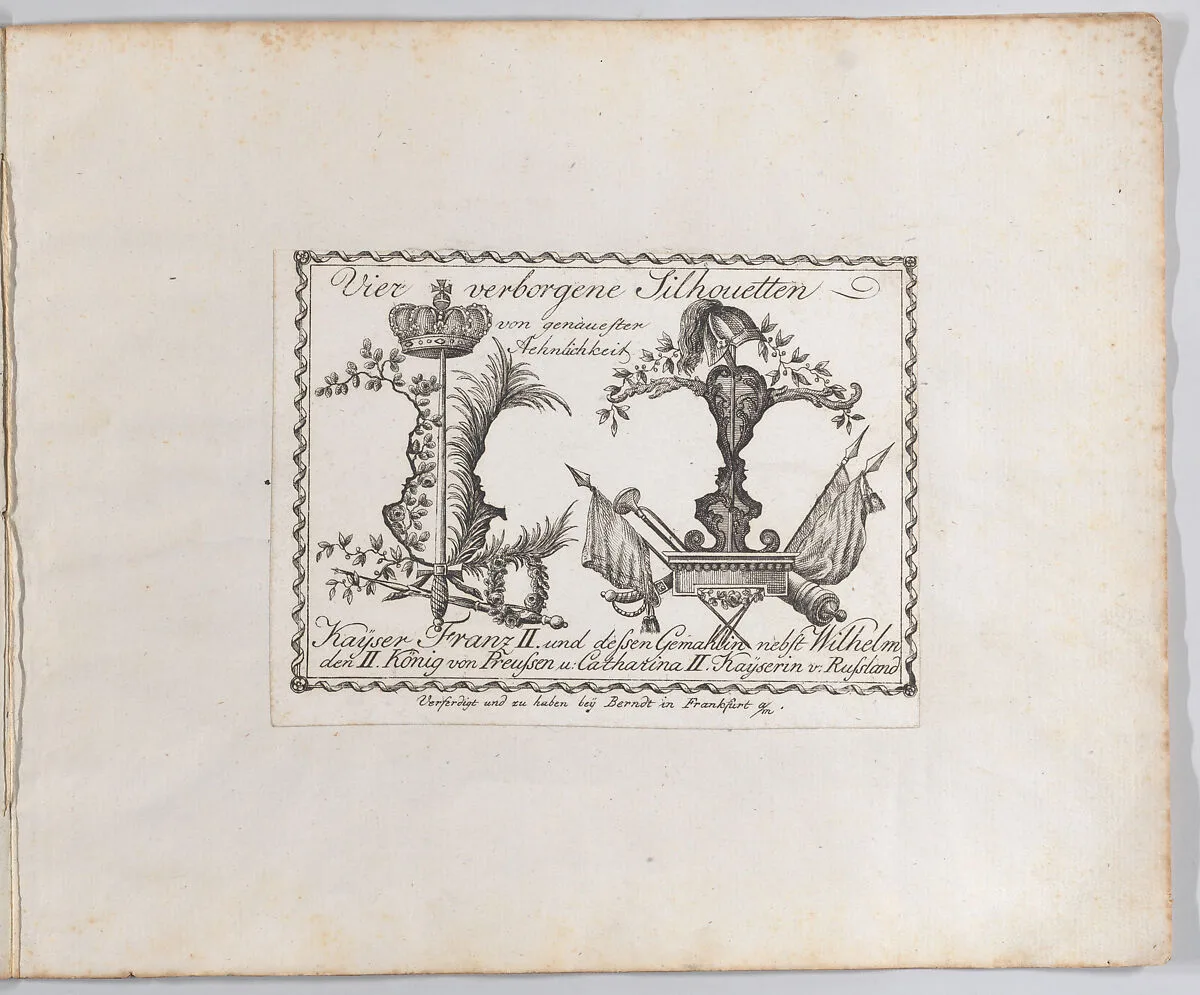 Landscape containing four silhouettes — Wilhelm II, Emperor of Germany|Catherine II, Empress of Russia|Holy Roman Empress Maria Theresa of Naples and Sicily|Anonymous, German, 18th century|Francis II, Holy Roman Emperor
