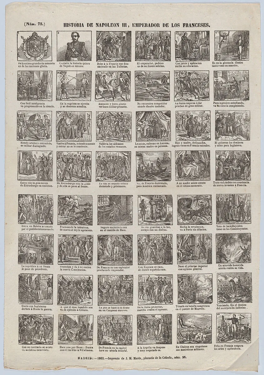 Broadside with 48 scenes depicting episodes from the life of Napoleon II — José María Marés