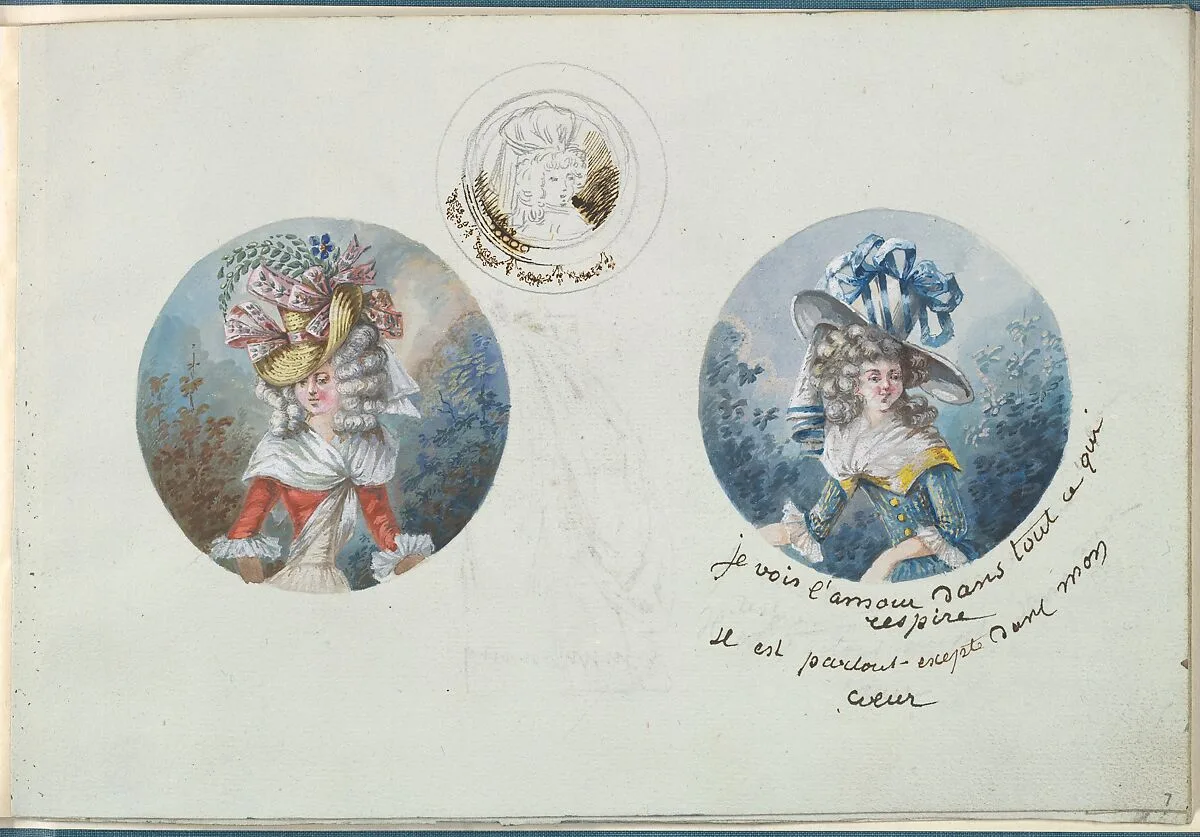 Two Costume Designs or Portrait Types and a Sketch — Anonymous, French, 18th century|Antoine Caire-Morand|Anonymous, French, 19th century