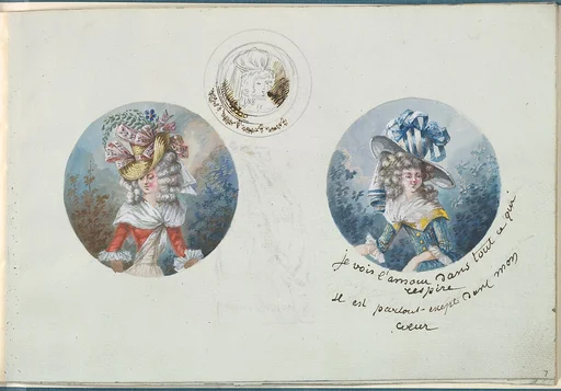 Two Costume Designs or Portrait Types and a Sketch