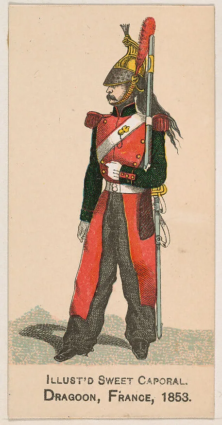 Dragoon, France, 1853, from the Military Series (N224) issued by Kinney Tobacco Company to promote Sweet Caporal Cigarettes — Kinney Brothers Tobacco Company
