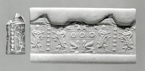 Cylinder seal and modern impression: royal figures flanking a standard; sphinxes — Unknown