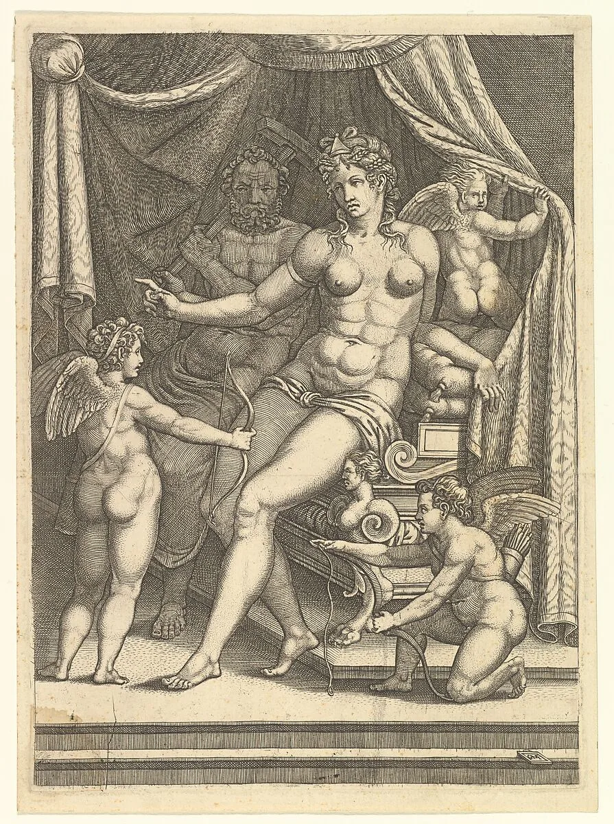 Venus and Vulcan Seated on a Bed and Three Putti — Giorgio Ghisi|Perino del Vaga (Pietro Buonaccorsi)