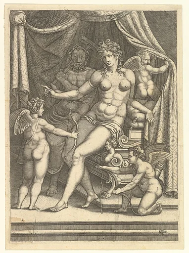 Venus and Vulcan Seated on a Bed and Three Putti