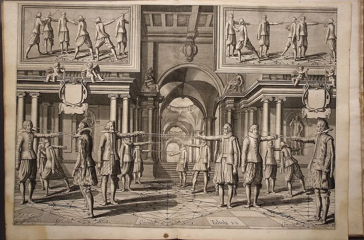 Academie de l'espee; ou se domonstrent par reigles mathématiques sur le fondement d'un cercle mystérieux, la théorie et pratique des vrais . . . — probably the Elseviers of Leyden|probably A. Boslwert|Girard Thibault