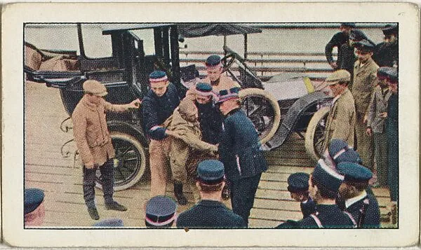 Card No. 72, Wounded German Uhian Received by Belgian Officer at Ostend, from the World War I Scenes series (T121) issued by Sweet Caporal Cigarettes — American Tobacco Company|Underwood & Underwood