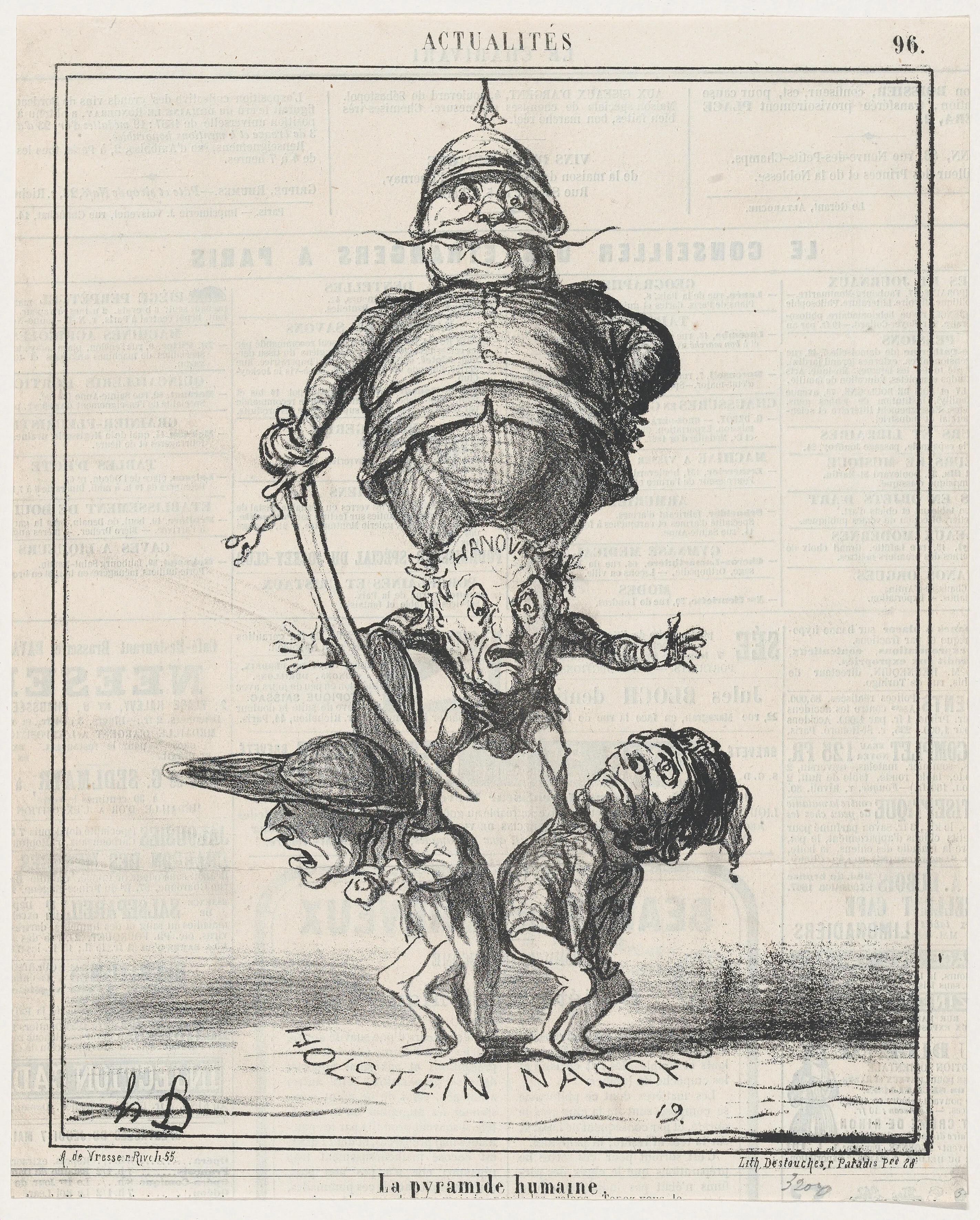 The human pyramid, from 'News of the day,' published in Le Charivari, May 7, 1868 — Destouches|Honoré Daumier|Arnaud de Vresse