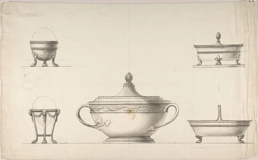 Covered Dish, Two Egg Cups, and Two Salt Cellars