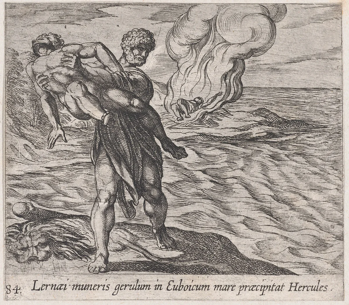 Plate 84: Hercules Throwing Lichas into the Sea (Lernaei muneris gerulum in Euboicum mare praecipitat Hercules), from Ovid's 'Metamorphoses' — Antonio Tempesta