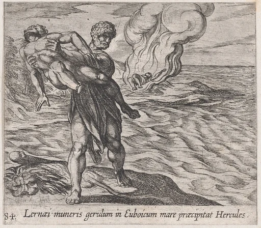 Plate 84: Hercules Throwing Lichas into the Sea (Lernaei muneris gerulum in Euboicum mare praecipitat Hercules), from Ovid's 'Metamorphoses'