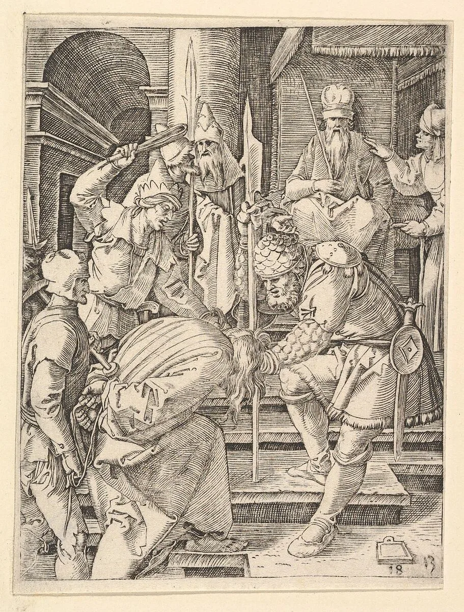 Christ captured and being dragged by hair up steps before the throne of the high priest Annas, after Dürer — Marcantonio Raimondi|Albrecht Dürer