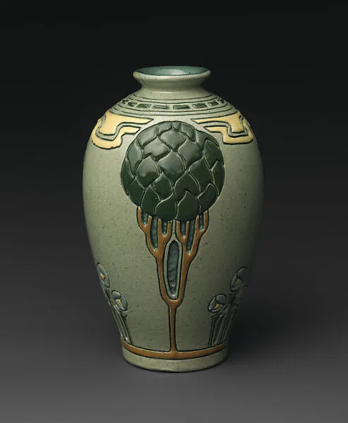 Della Robbia vase with trees — Roseville Pottery|Frederick Hurten Rhead