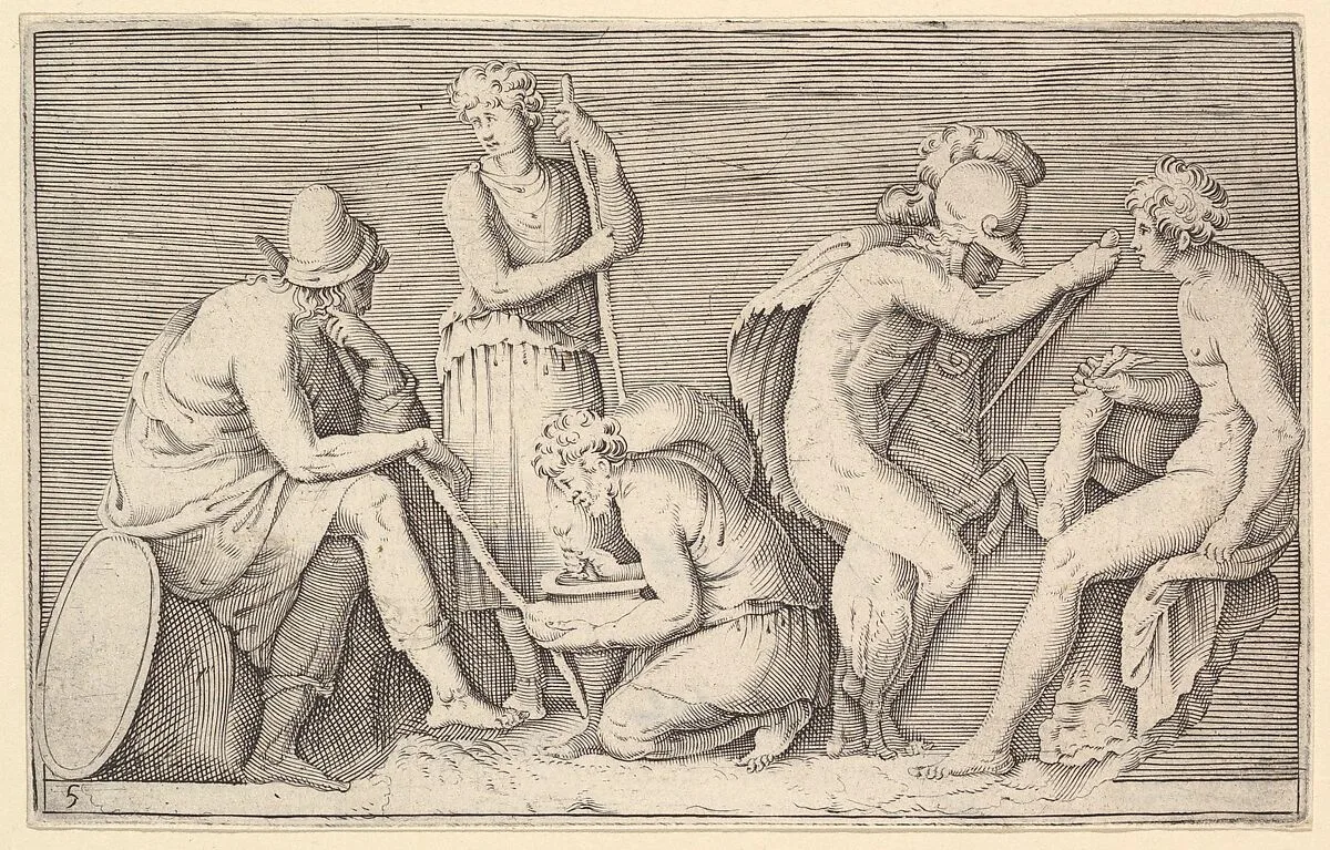 Scene of Sacrifice with Warrior Killing Ram and Four Other Figures, from "Ex Antiquis Cameorum et Gemmae Delineata/ Liber Secundus/et ab Enea Vico Parmen Incis" — Enea Vico|Francesco Angeloni|Battista Franco|Philippe Thomassin|Anonymous, Italian, 16th century