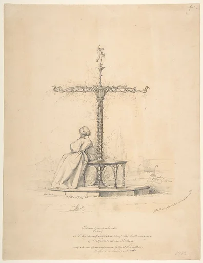 Woman seated on iron garden seat with canopy