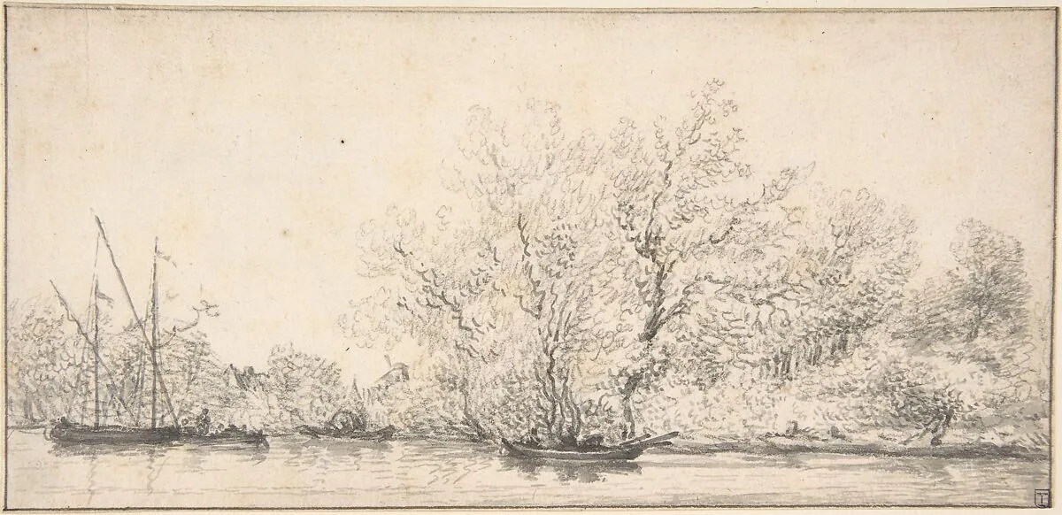 River Scene with Boats before a densely Wooded Bank — Salomon van Ruysdael