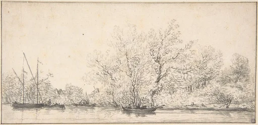River Scene with Boats before a densely Wooded Bank