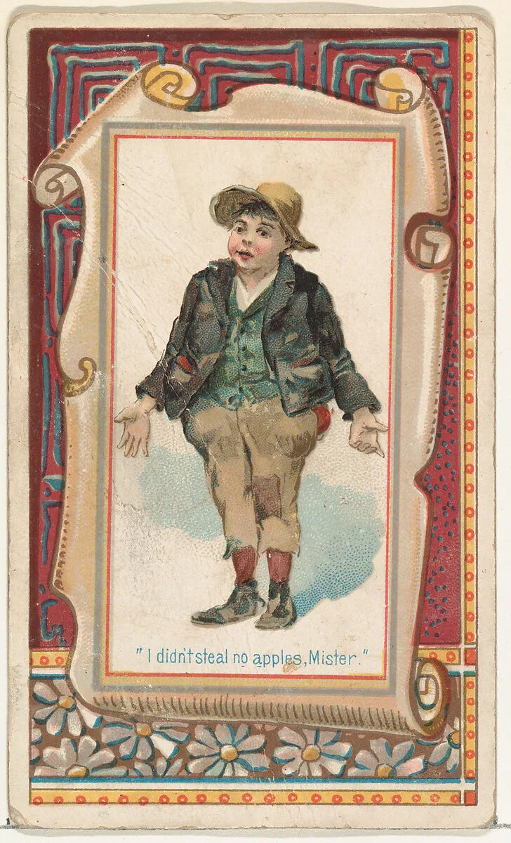 "I didn't steal no apples, Mister," from the Terrors of America set (N136) issued by Duke Sons & Co. to promote Honest Long Cut Tobacco — W. Duke, Sons & Co.|Knapp & Company