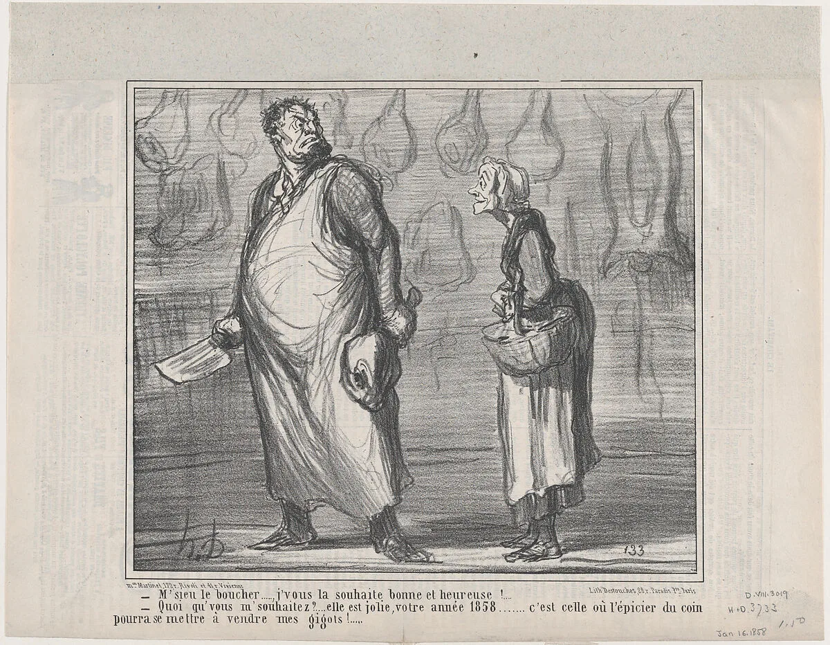 M'sieu le boucher..., j'vous la souhaite bonne et heureuse!, from Actualités, published in Le Charivari, January 16, 1858 — Aaron Martinet|Honoré Daumier|Destouches