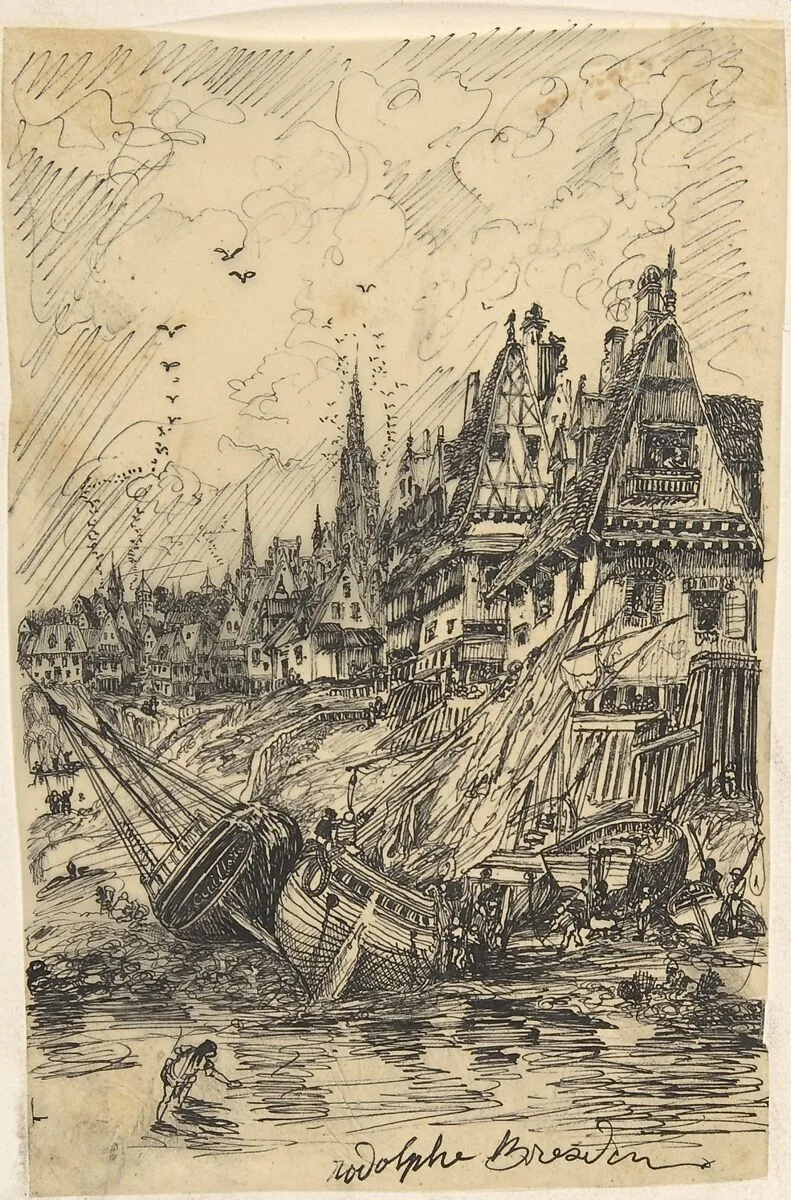 Fishing Harbor at Low Tide — Rodolphe Bresdin