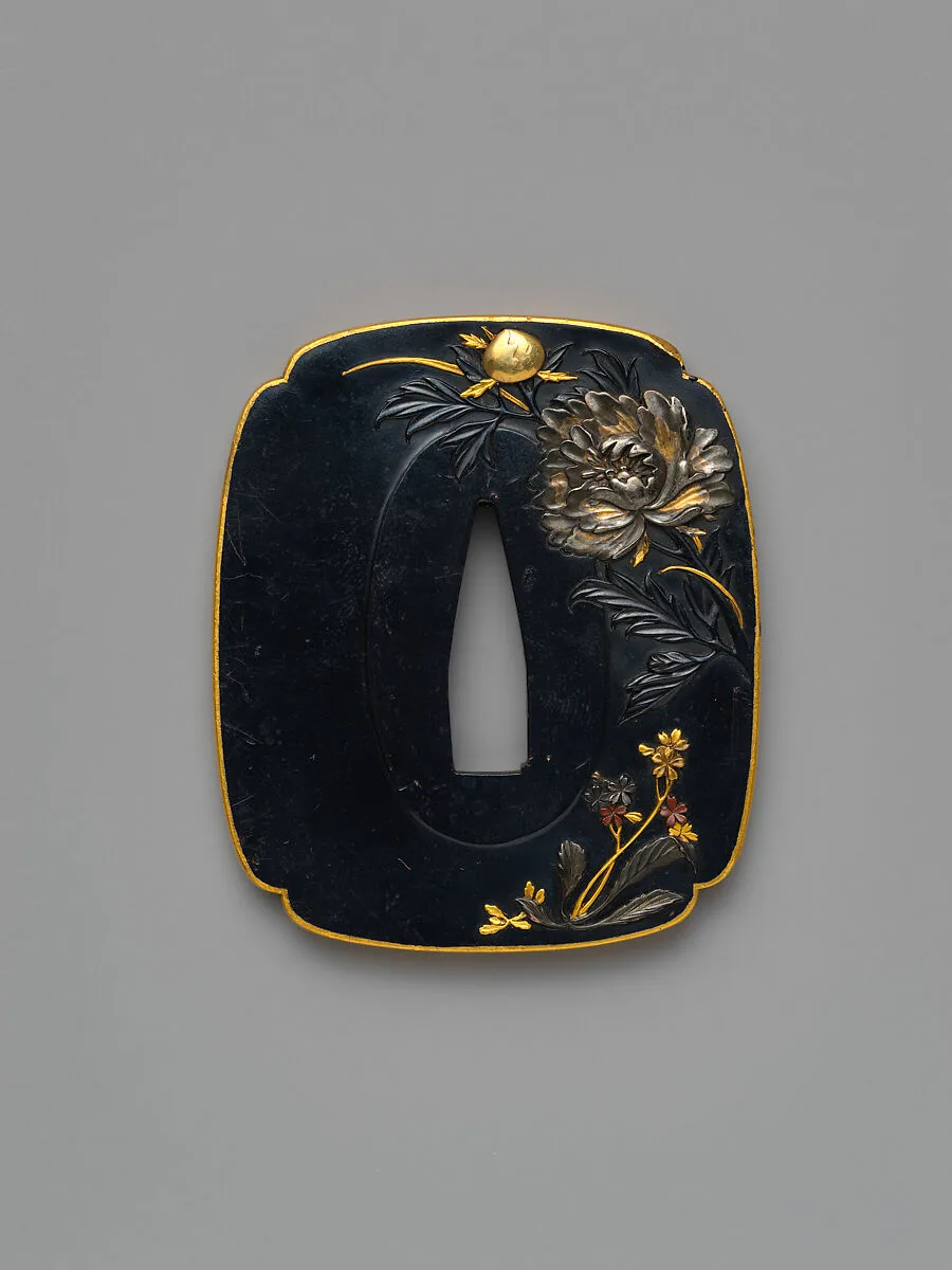 Sword Guard (<i>Tsuba</i>) Depicting Peony and Butterflies (菊に蝶図鐔) — Unknown