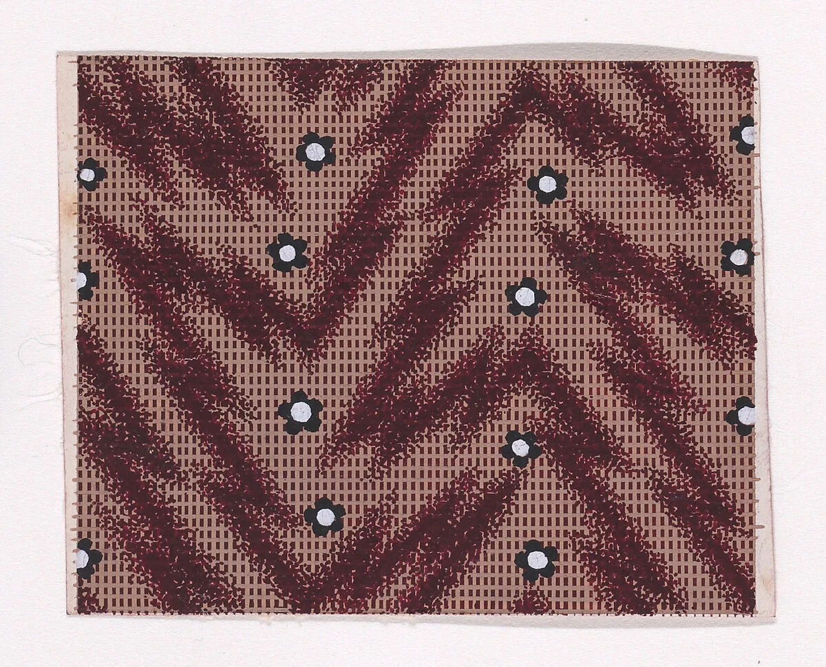Textile Design with Rosettes and Pearls over a Checked Background with Zig-Zagging Lines — Anonymous, Alsatian, 19th century