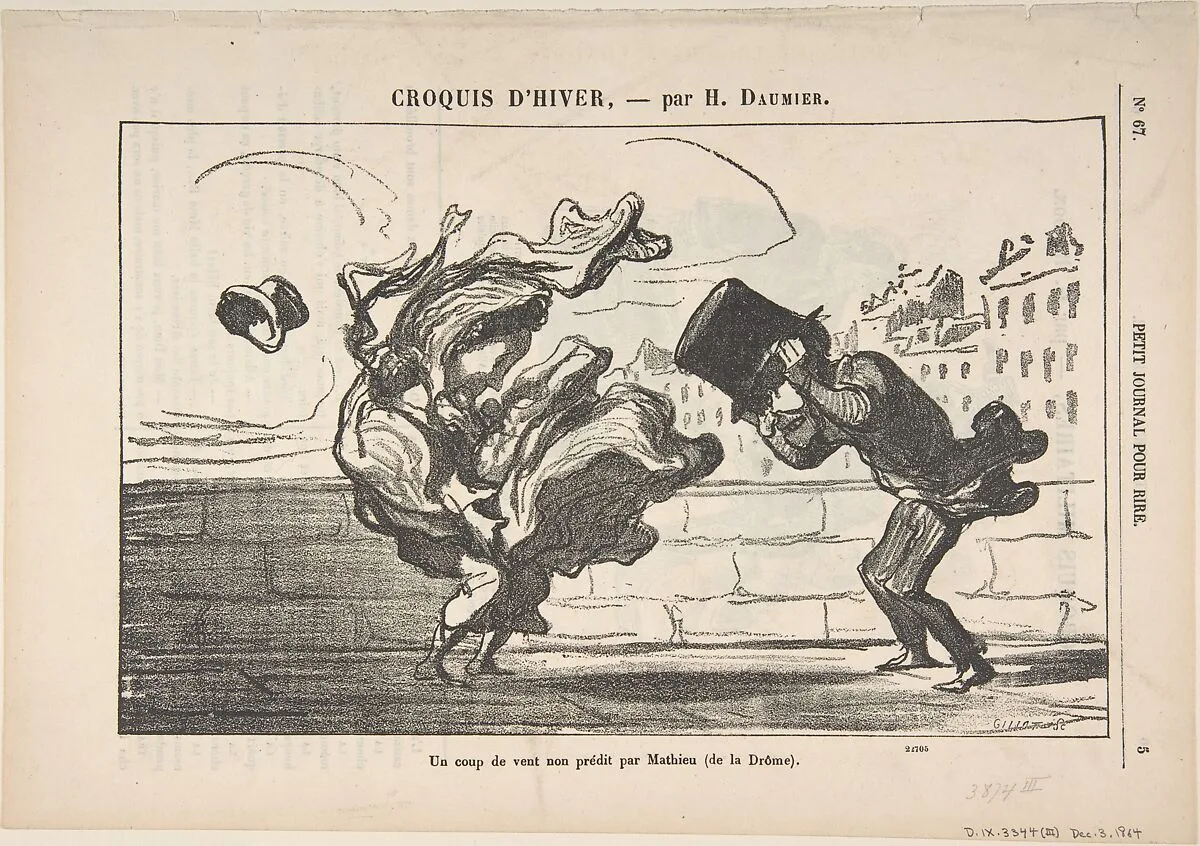 Un Coup de Vent non Prédit par Mathieu (de la Drôme), Plate 1 of Croquis d'Hiver, published in le Petit Journal pour rire — Honoré Daumier|Petit Journal pour rire