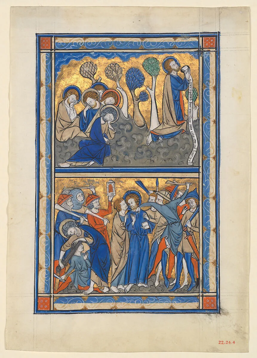 Manuscript Leaf with the Agony in the Garden and Betrayal of Christ, from a Royal Psalter — Unknown