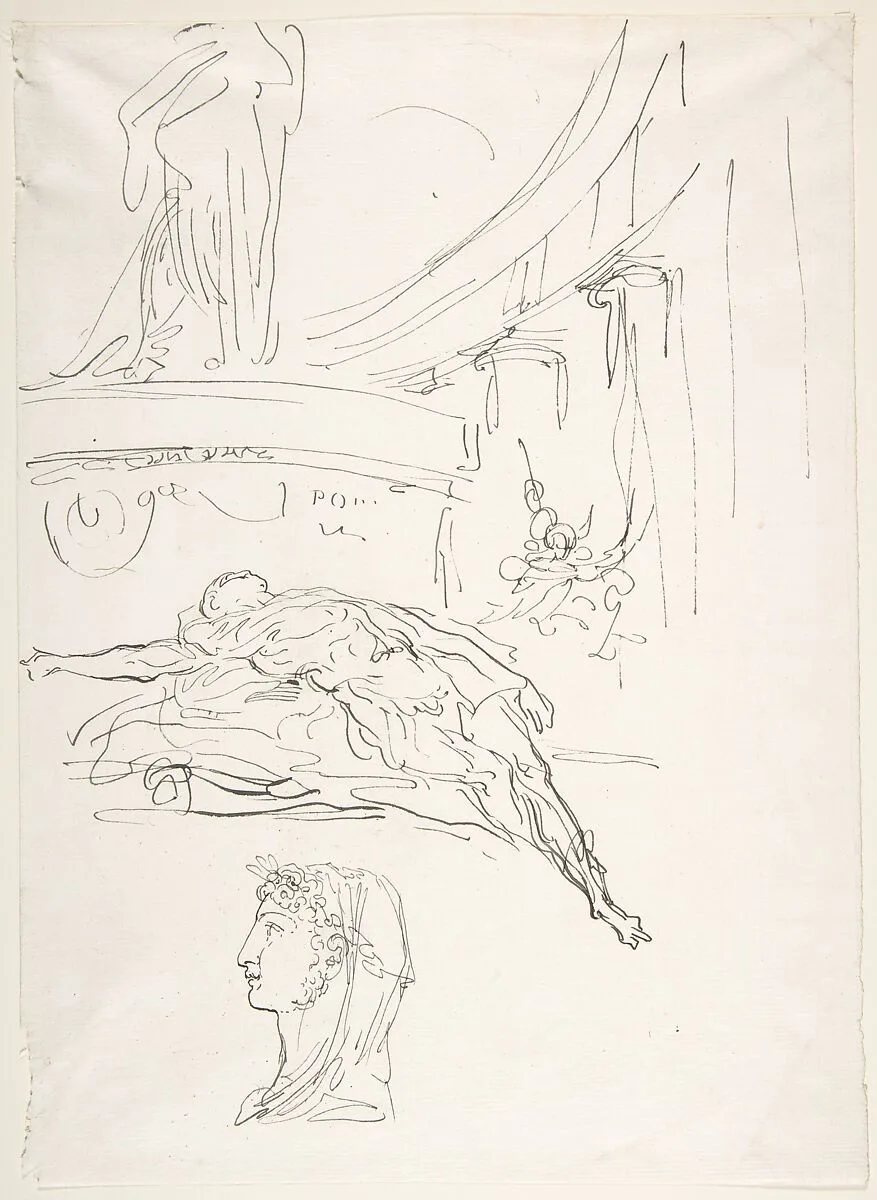 Sheet of Studies, Including a Roman Head, a Male Figure on a Pyre, and a Colonnade. — Luis Paret y Alcazar