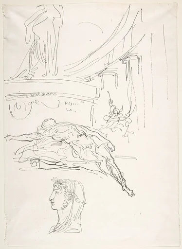 Sheet of Studies, Including a Roman Head, a Male Figure on a Pyre, and a Colonnade.
