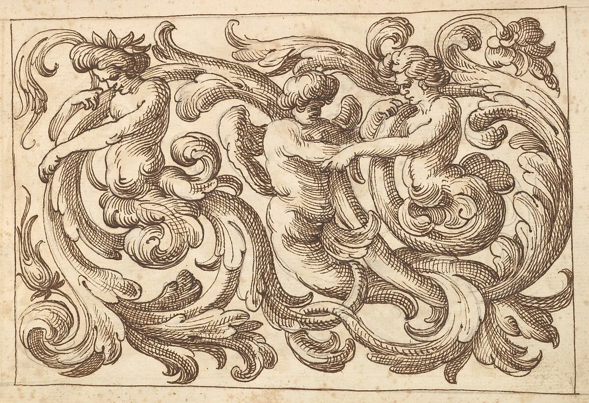 Horizontal Panel Design with Three Young Male Figures Interspersed between Acanthus Rinceaux — Polifilo Giancarli|Anonymous, Italian, Venetian, 17th century