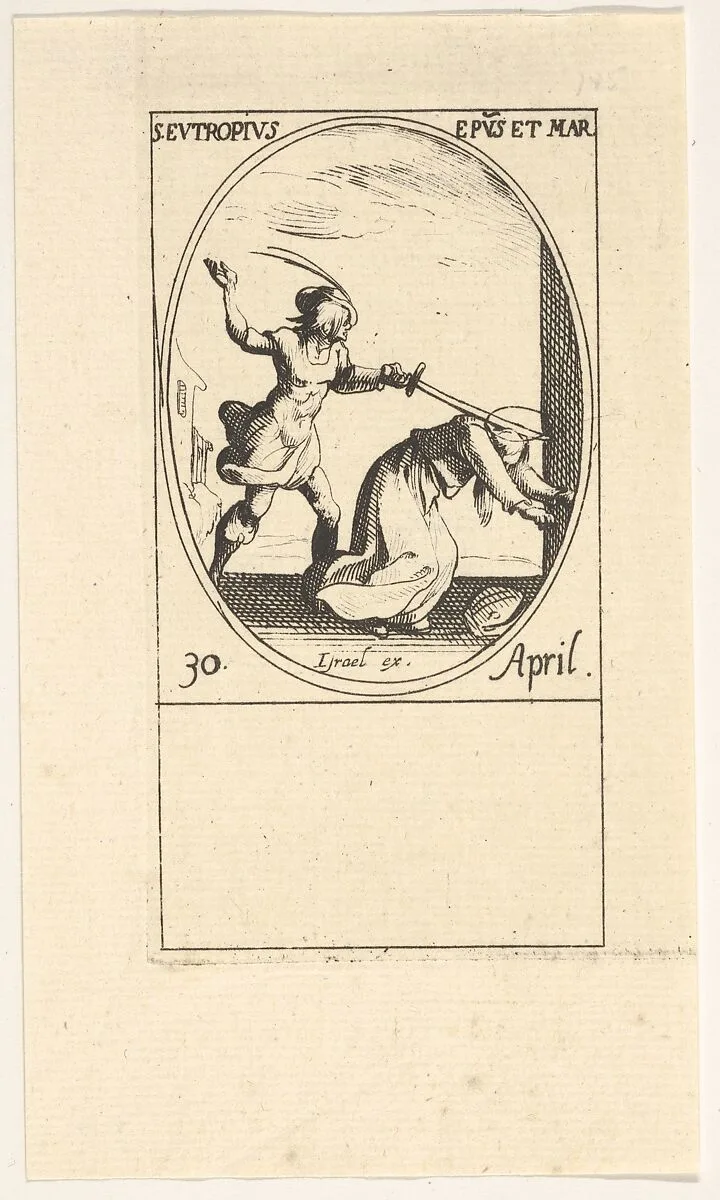 Martyrdom of Saint Eutropius, an oval composition, from the series 'Les images de tous les saints et saintes de l'année' (Images of all the saints of the year) — Jacques Callot|Israël Henriet