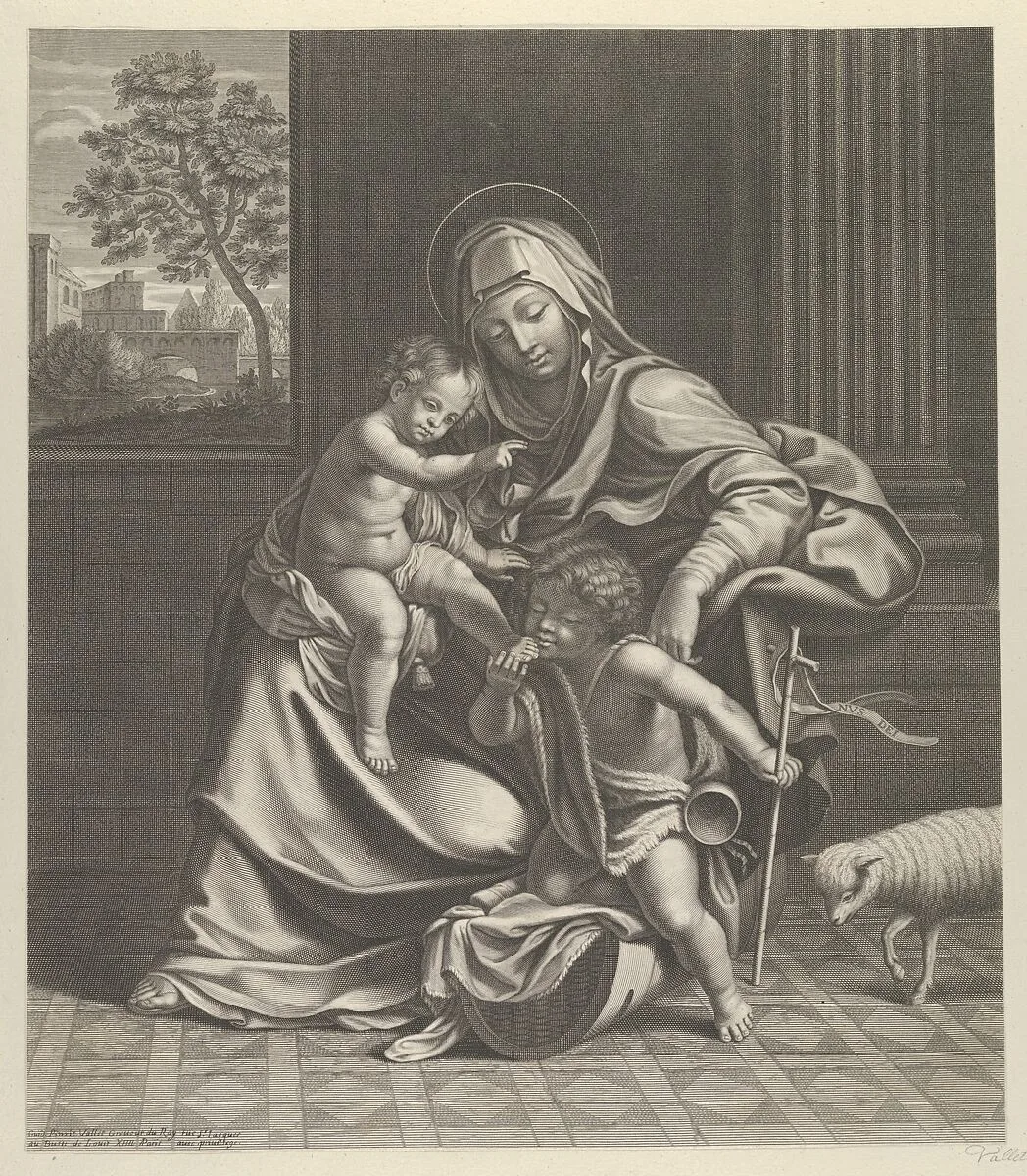 The Virgin seated with the infant Christ on her lap, the young Saint John the Baptist kneeling on Christ's cradle and caressing his foot, a lamb at right, after Reni — Guido Reni|Guillaume Vallet