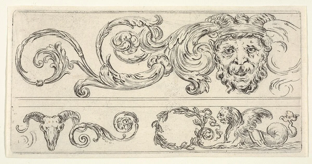 Plate 2: three fragments of friezes; on top, a grotesque head of a man, a skull of a ram at bottom left and a chimera at bottom right, from 'Friezes, foliage, and grotesques' (Frises, feuillages et grotesques) — Stefano della Bella