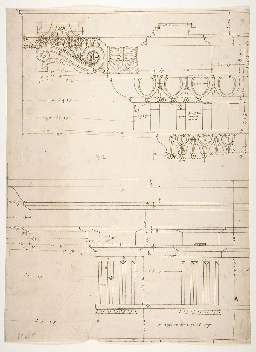 Basilica Ulpia, cornice, elevation profile with ornamental detailing; Domus Turciorum, entablature, elevation profile (recto) Domus Turciorum, elevation, perspective (verso) — Anonymous, French, 16th century