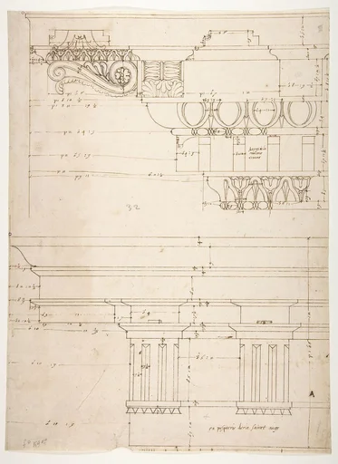 Basilica Ulpia, cornice, elevation profile with ornamental detailing; Domus Turciorum, entablature, elevation profile (recto) Domus Turciorum, elevation, perspective (verso)