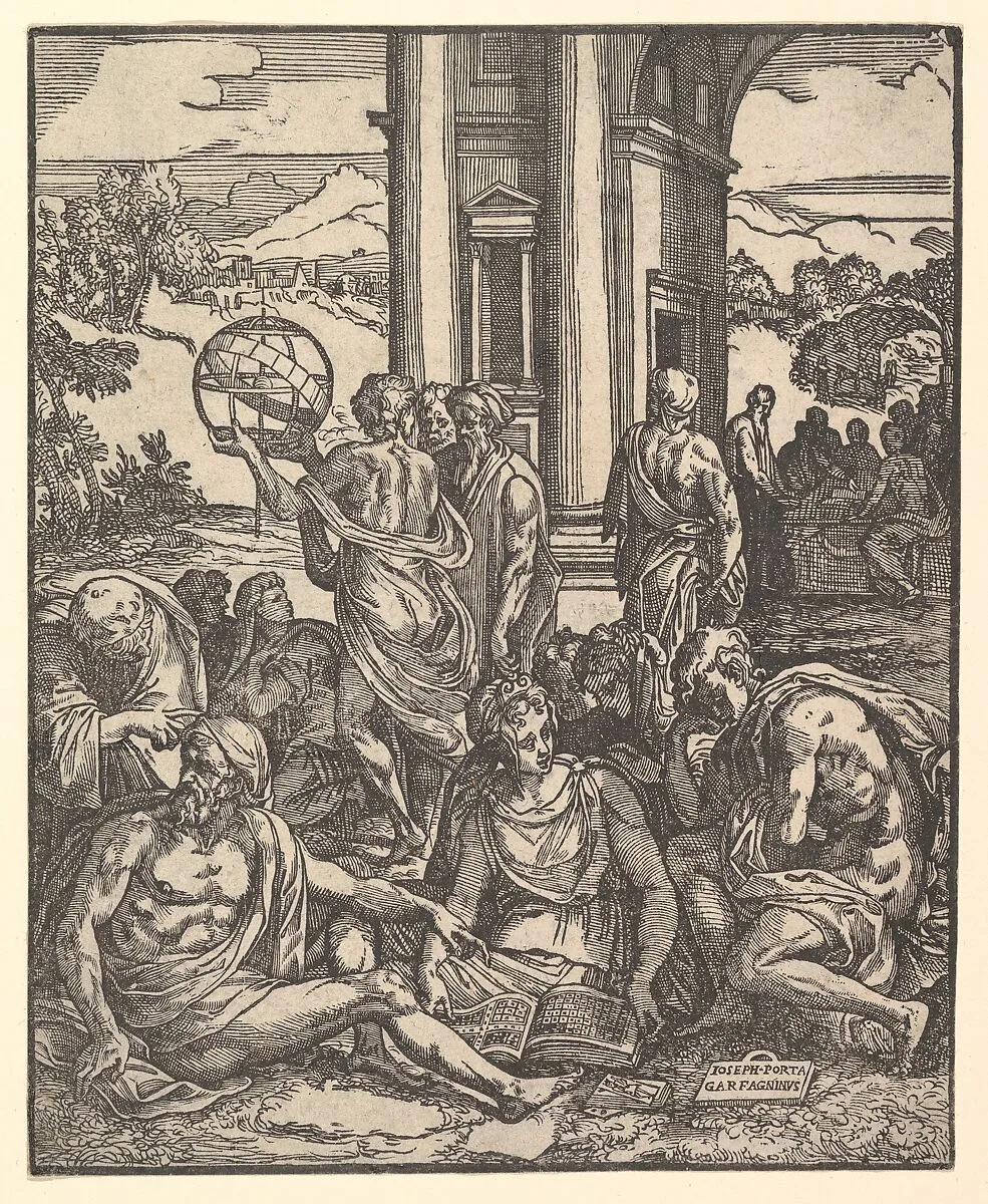 Frontispiece to 'Le sorti di Francesco Marcolini da Forli intitolato Giardino di Pensieri' — Giuseppe Salviati (Giuseppe Porta, called Il Salviati)|Marco Dente