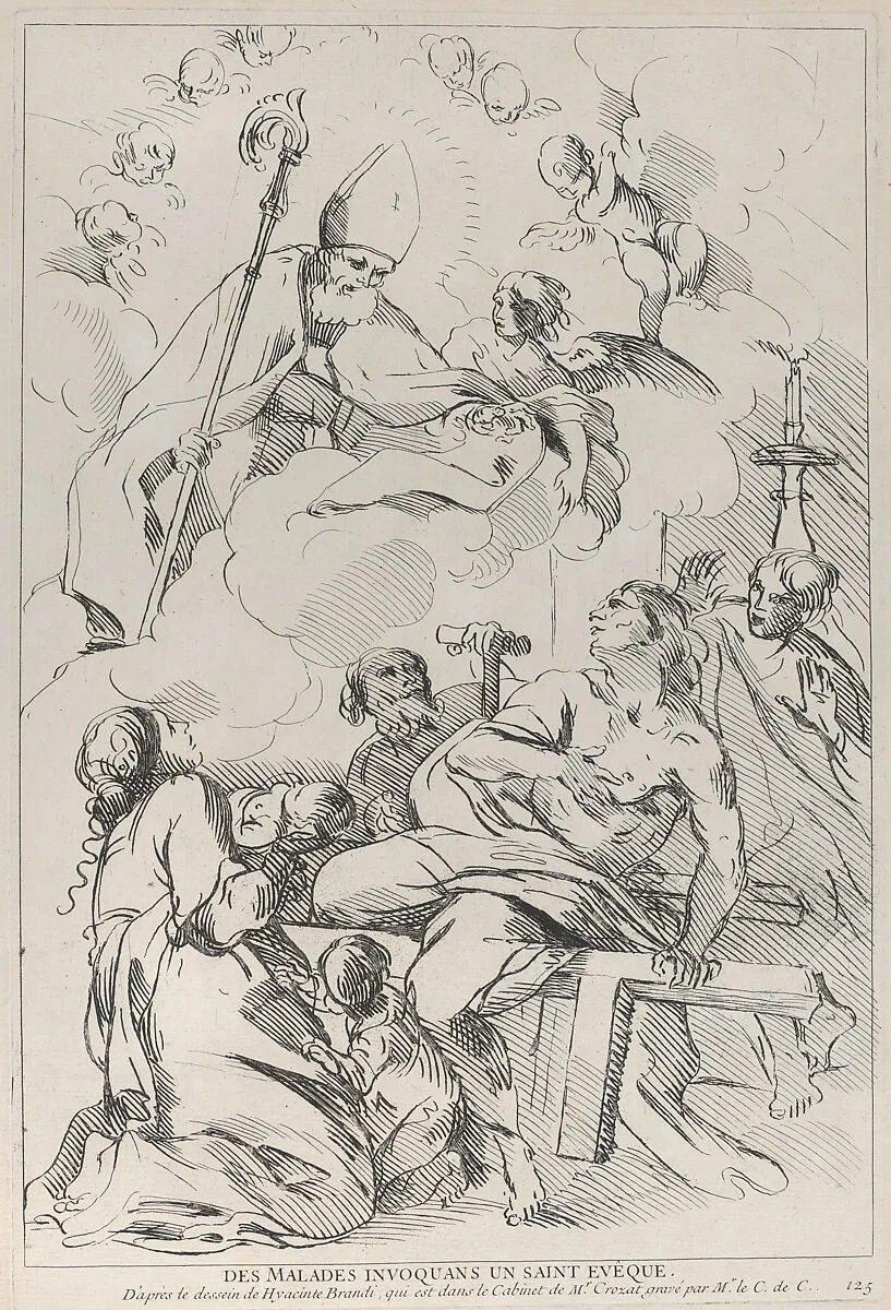 Sick people summoning a Bishop saint, who appears at upper left — Anne Claude Philippe de Tubières, comte de Caylus|Giacinto Brandi