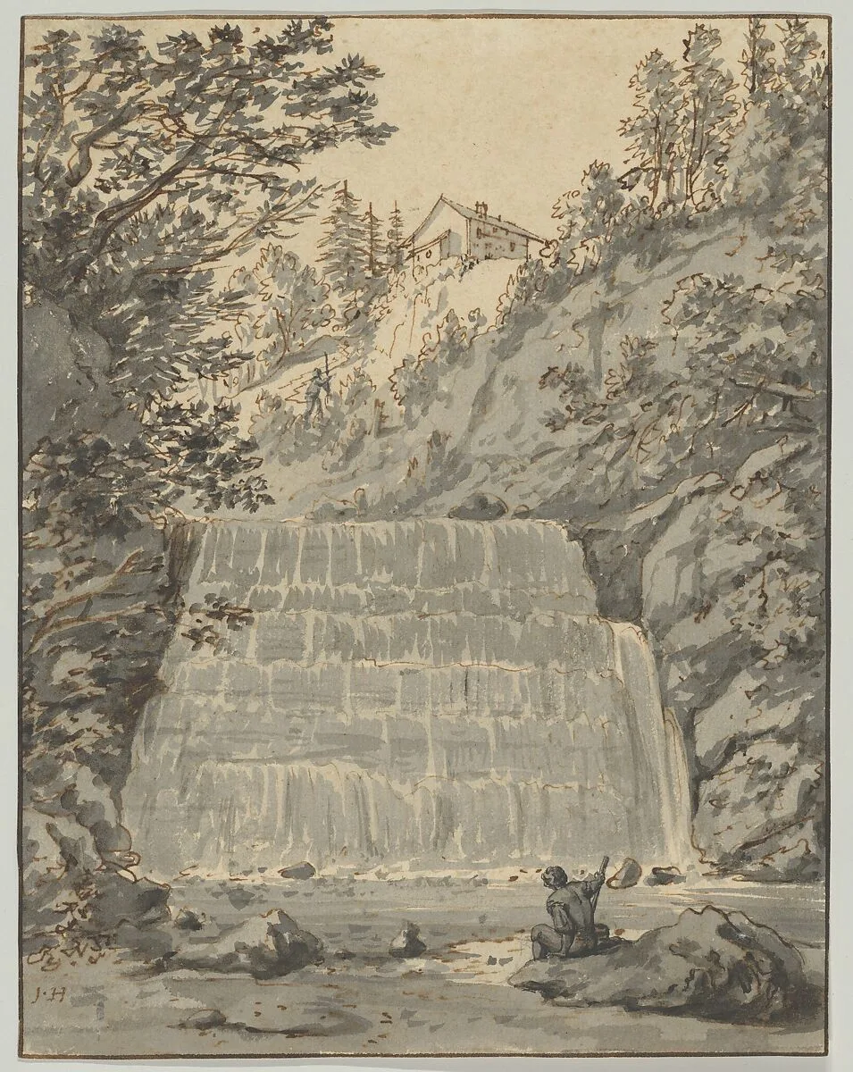 A Waterfall in Switzerland (near Lausanne?) with a Resting Wayfarer — Jan Hackaert