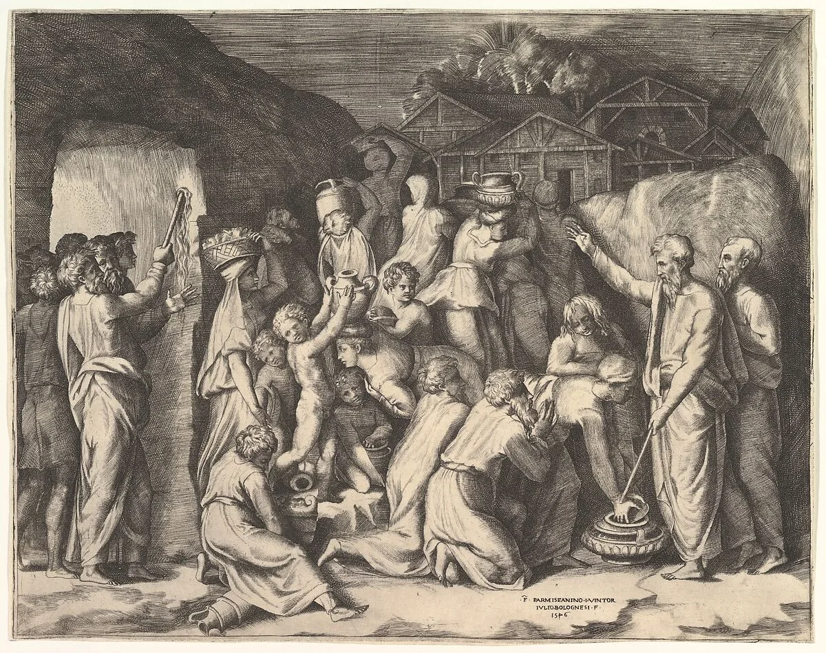 Moses Telling the Israelites to Gather the Manna and Moses Striking the Rock — Giulio Bonasone|Polidoro da Caravaggio