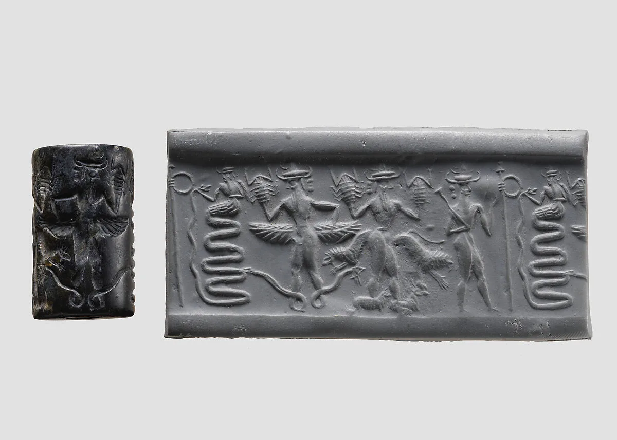 Cylinder seal and modern impression: snake god and deities with hands and feet in the form of snakes, scorpions, and goats — Unknown