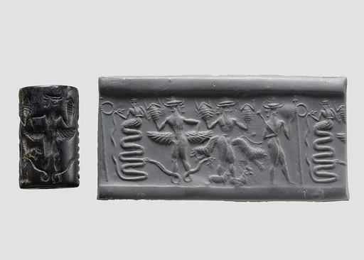 Cylinder seal and modern impression: snake god and deities with hands and feet in the form of snakes, scorpions, and goats