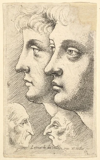Two youths in profile to left with two grotesque heads facing each other below