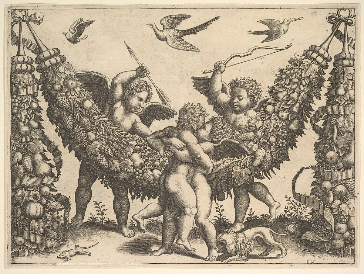 Four putti, two embracing in front of a large garland, two behind, the one at left holding an arrow, the one at right a bow, from a series of tapestries made for Leo X — Raphael (Raffaello Sanzio or Santi)|Master of the Die