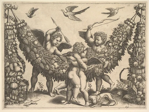 Four putti, two embracing in front of a large garland, two behind, the one at left holding an arrow, the one at right a bow, from a series of tapestries made for Leo X