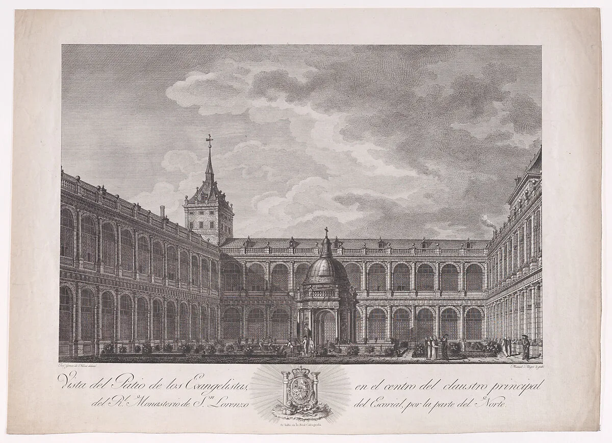 View of the Patio of the Evangelists in the centre of the main cloister of the monastery of El Escorial, from a series of Views of El Escorial — Manuel Alegre|José Gómez Navia|Calcografía Real, Madrid