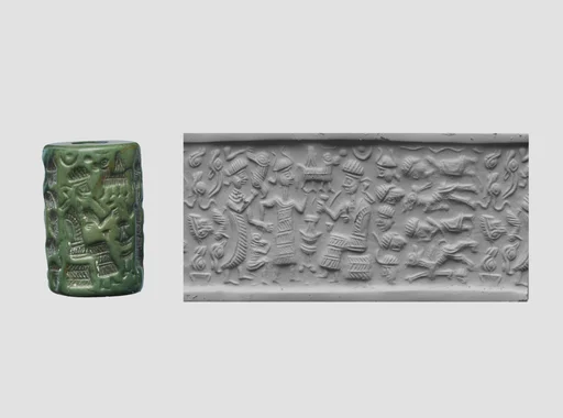 Cylinder seal and modern impression: goddess leading a worshiper to a seated deity; bull god